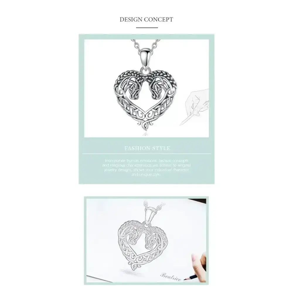 Horse Necklace, Heart Shape Jewelry, Sterling Silver Horse Lovers Gift