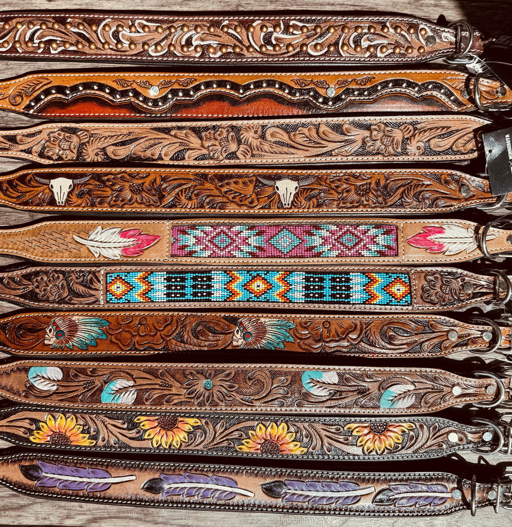 Western leather dog collar tooled or beaded details skull sunflower feather rhinestone by Double B Wild Rags