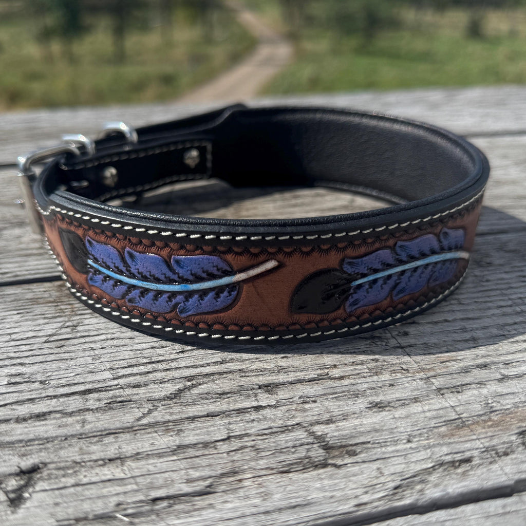 Western leather dog collar tooled or beaded details skull sunflower feather rhinestone by Double B Wild Rags