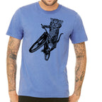 Cat Riding a Bicycle men's Tshirt- Kitten Wheelie Tee shirt- Eco Friendly Fashion- Guy's Graphic Apparel