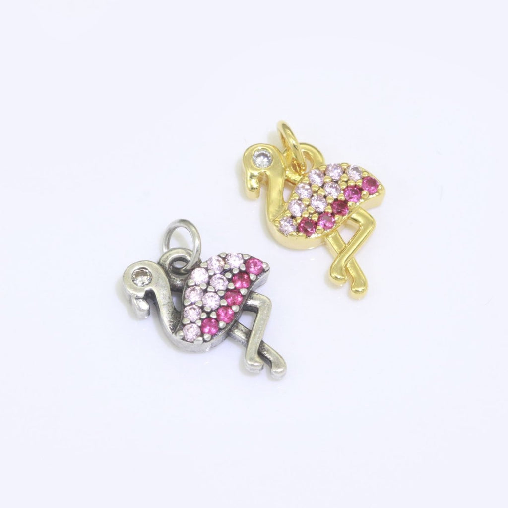 Micro Pave Gold Flamingo Charm 14k Gold Filled Bird Pendant Silver gold jewelry For Necklace Earring Bracelet M-522 M-523