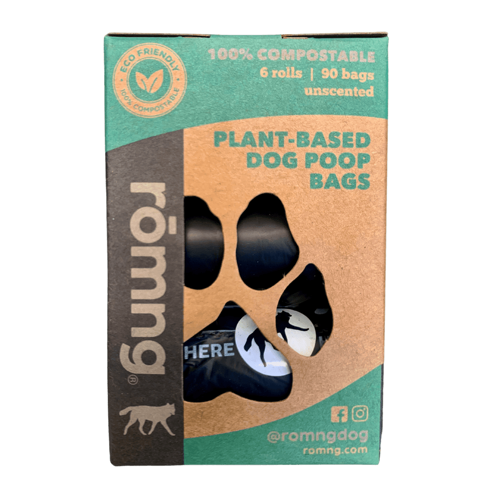 compostable plant-based dog poop bags + bamboo dispenser