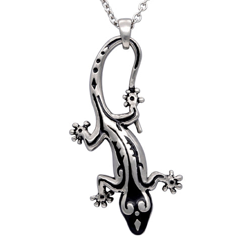 Tribal Gecko Silver Pendant Necklace Boho Lizard Jewelry